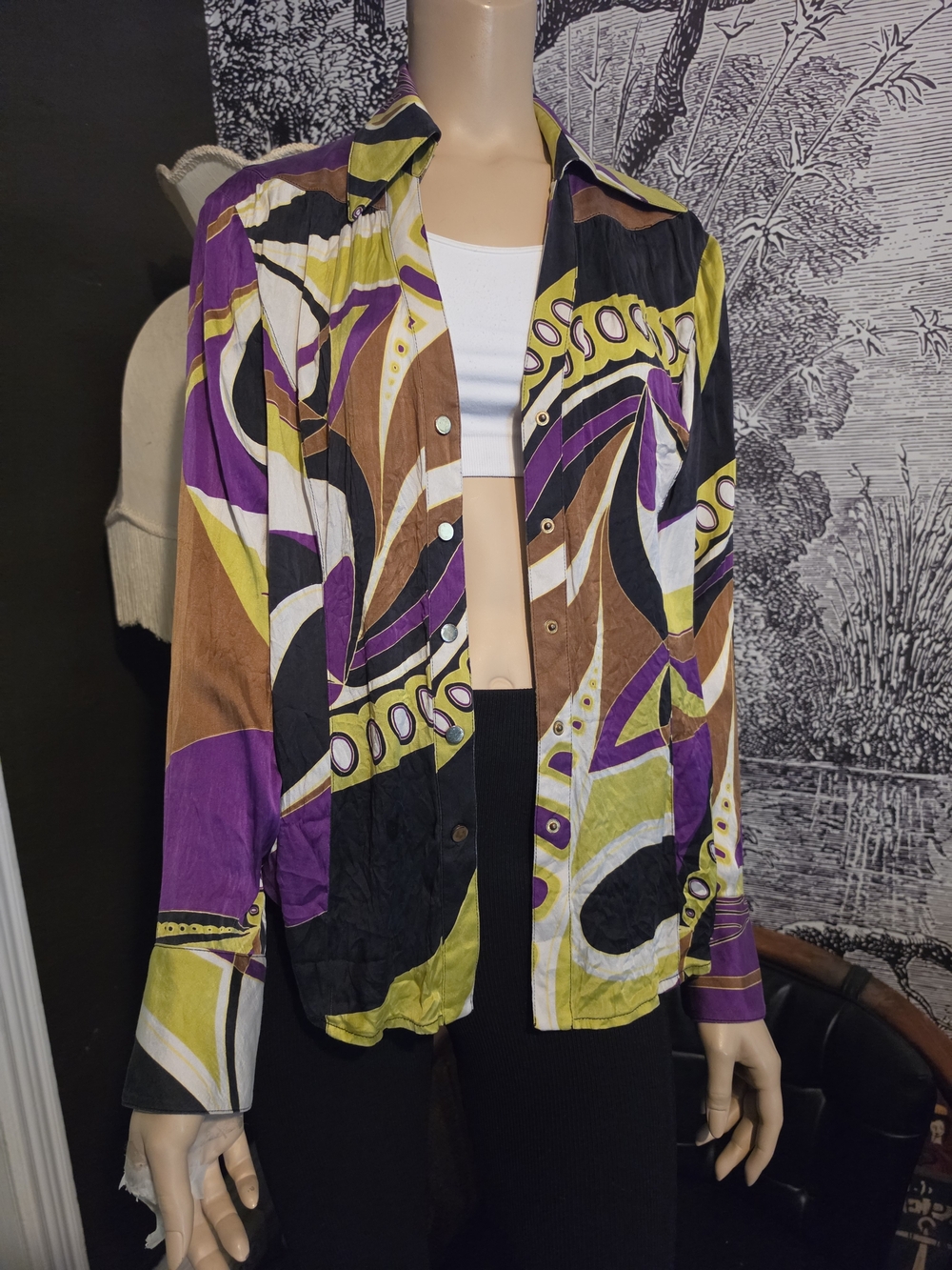 VTG Cache Silk Blend Abstract Geometric Print Button Down Blouse Top Large